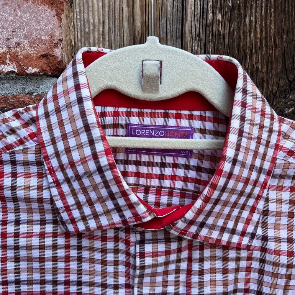 Lorenzo Uomo Men's Red, Brown and White Checkered Shirt 15.5